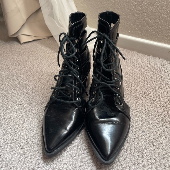 Black Patent Pleather Witchy Pointed Toe Ankle Boots - Lace Up Closure - Picture 2 of 6